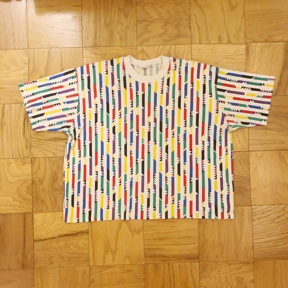 VINTAGE Late 80s Early 90s Funky Geometric Retro Single Thread Ringer T Shirt - Picture 1 of 2